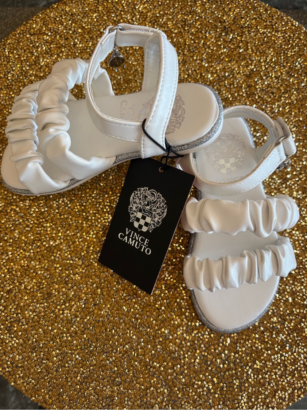 Vince Camuto NWT Girls White Double-Strap Sandals, sparkling silver design.